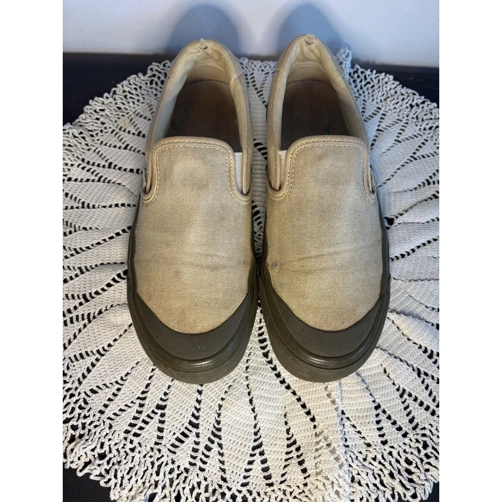 Vans Slip-On VSK66 Tan Khaki Canvas Sneakers Olive Green Sole Mens 7.5 Womens 9